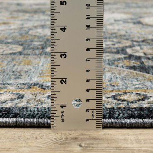 2' X 8' Blue Gold Ivory And Navy Oriental Power Loom Stain Resistant Runner Rug With Fringe